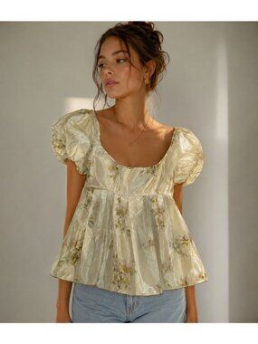 NWT $830 Brock Collection Floral Jacquard Silk Peplum Top Ivory Size 2